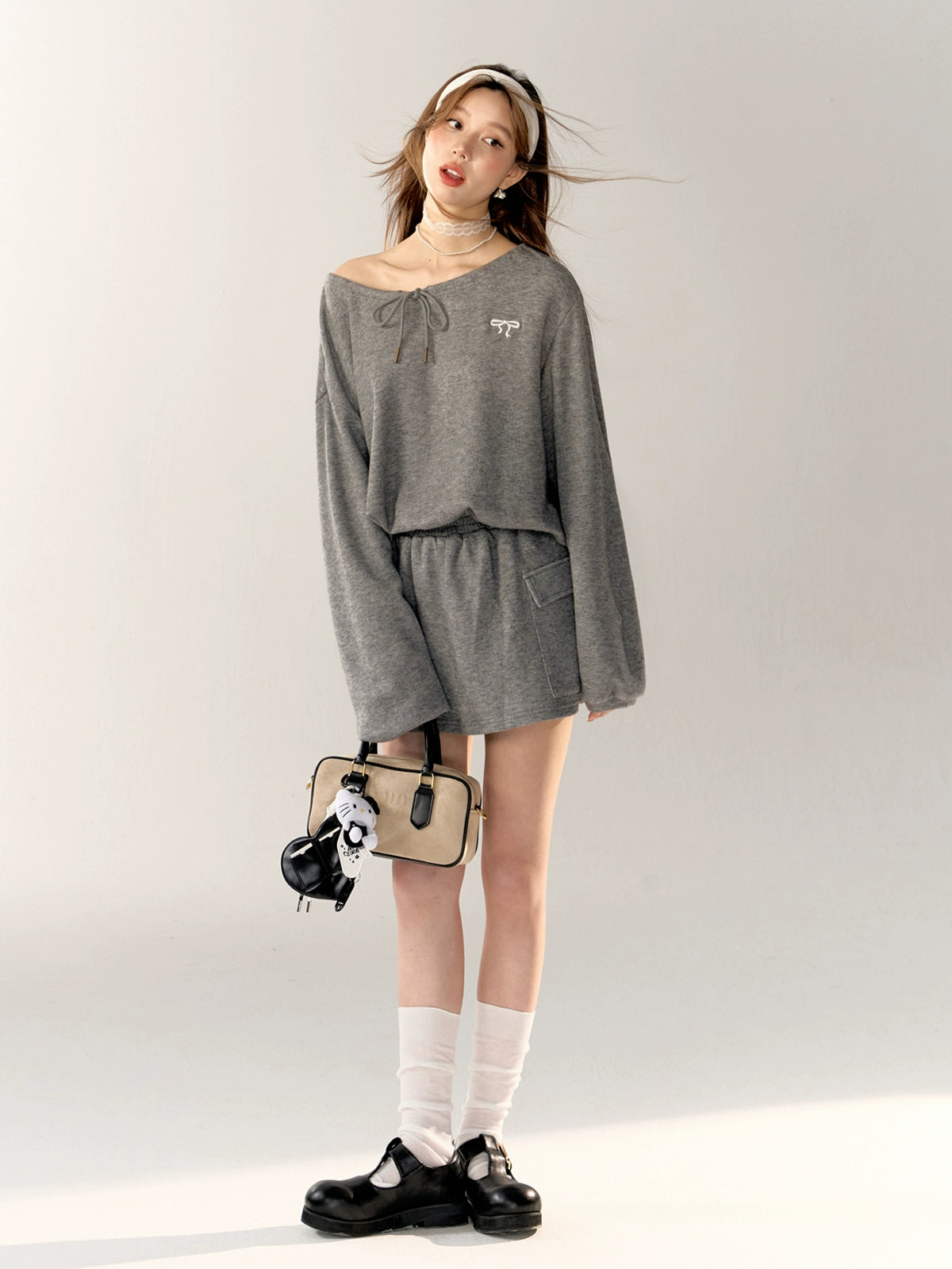 Asymmetric Embroidered Bow Sweatshirt &amp; Skirt Set