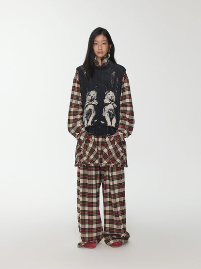 Distressed Cat Jacquard Knit Vest