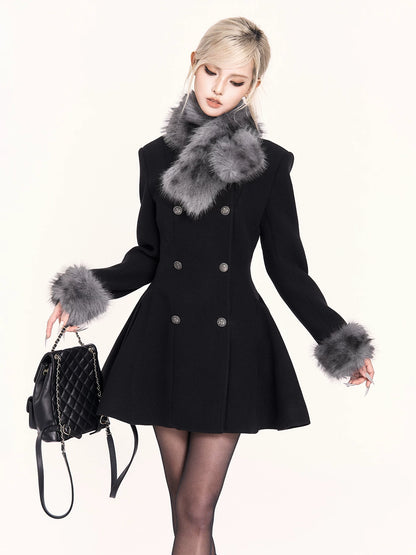 Fur-Collar Waist-Cinching Wool Coat Dress