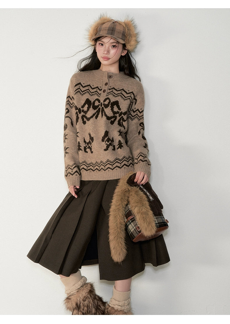 Fair Isle Bow Knit Henley Crewneck