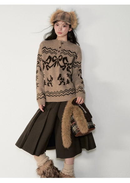 Fair Isle Bow Knit Henley Crewneck