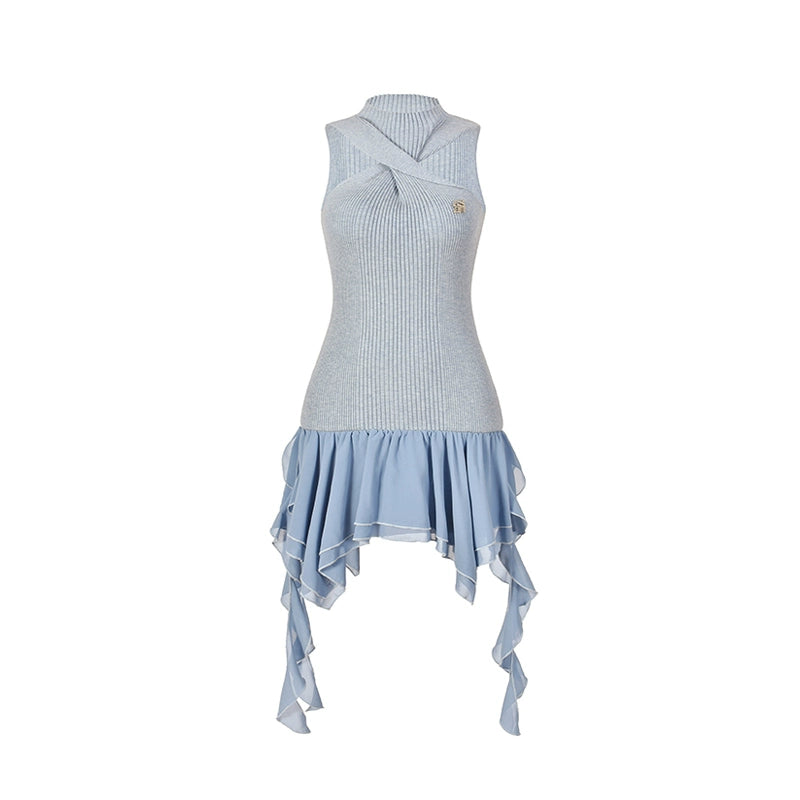 Blue Irregular Ruffled Mini Dress