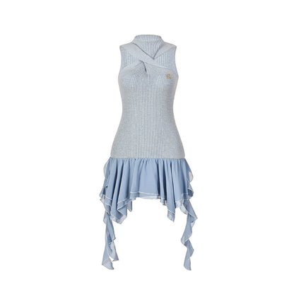 Blue Irregular Ruffled Mini Dress
