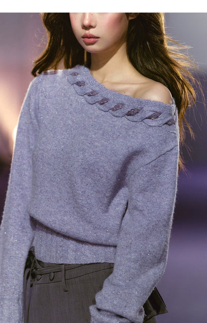 Off-Shoulder Cable Knit Slim Sweater