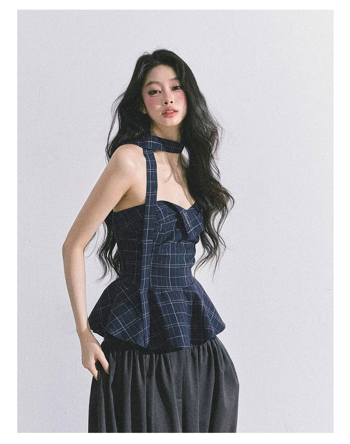“Blue Rhythm” Plaid Corset Peplum Tube Top