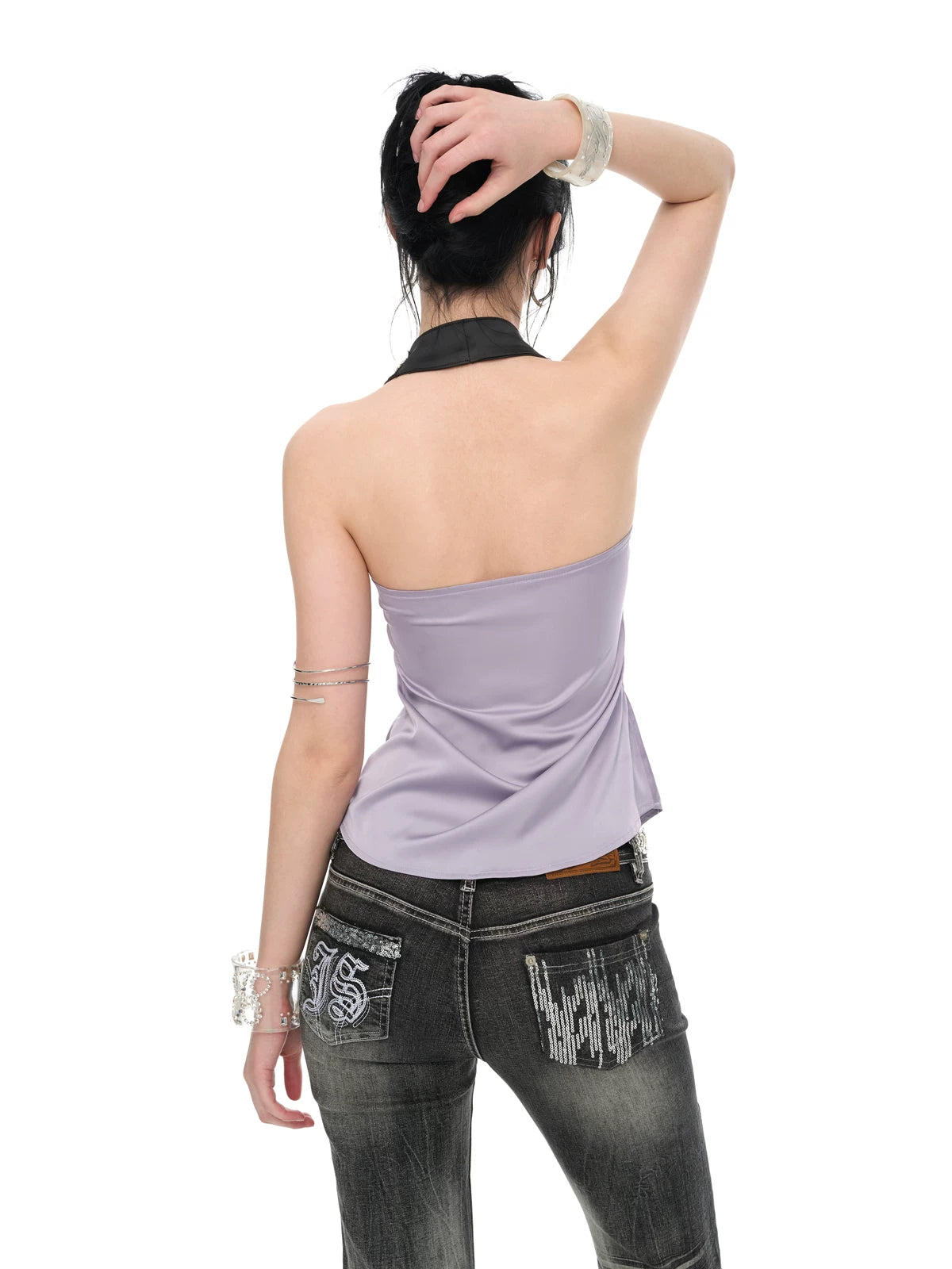 Lilac Satin Sequin Halter Neck Backless Draped Blouse