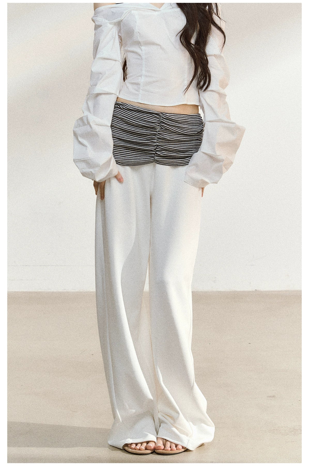 Striped Waist Panel Relaxed Straight-Leg Trousers