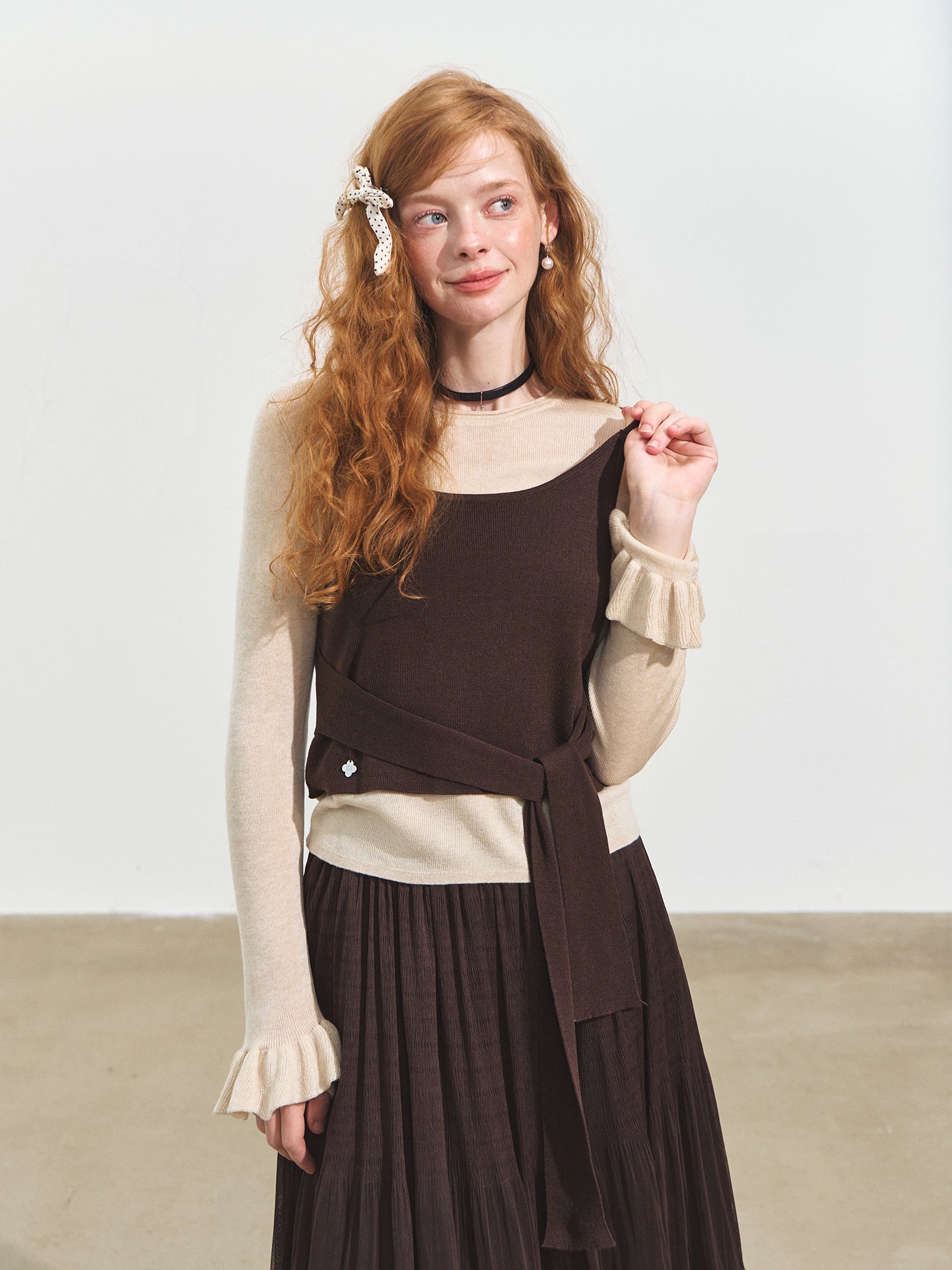 Contrast-Tie Layered Crewneck Knit Sweater