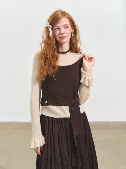 Contrast-Tie Layered Crewneck Knit Sweater