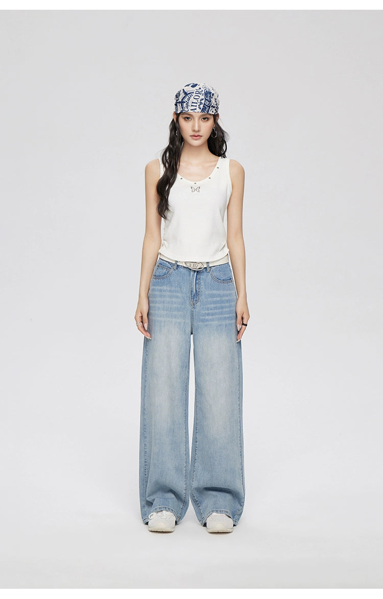 Blue Lyocell Tencel Jeans Wide-Leg Pants