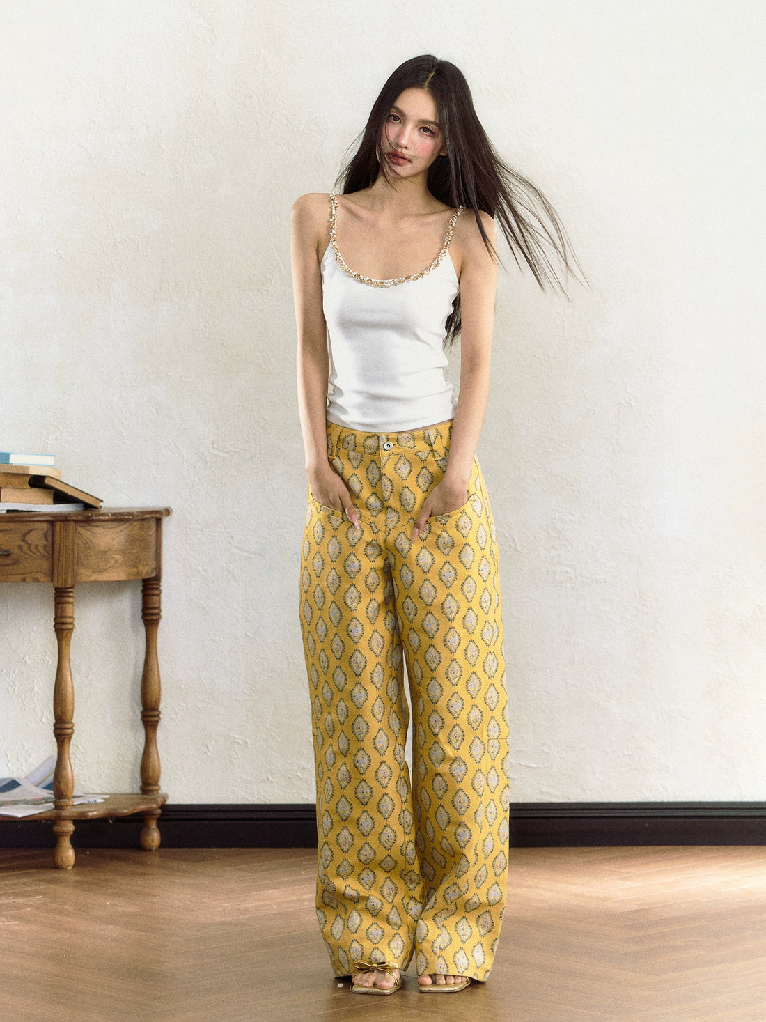 Yellow Embroidered Wide-Leg Pants - CHINASQUAD