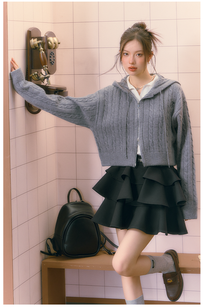 Gray Twist Knitted Zip-up Hoodie - CHINASQUAD
