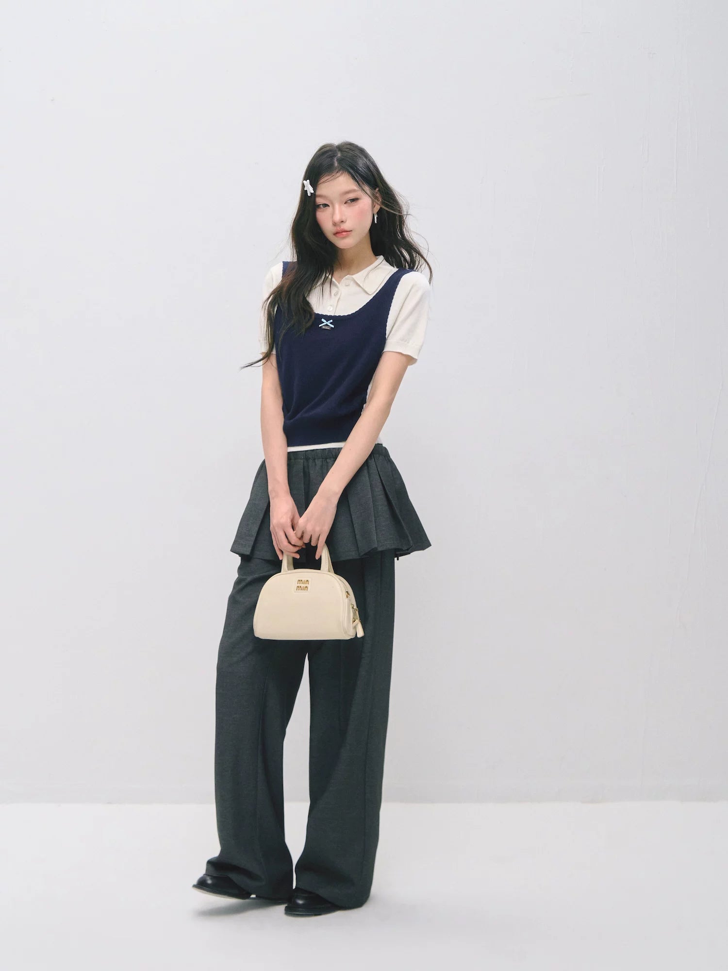 Detachable Pleated Overlay Tailored Wide-Leg Trousers