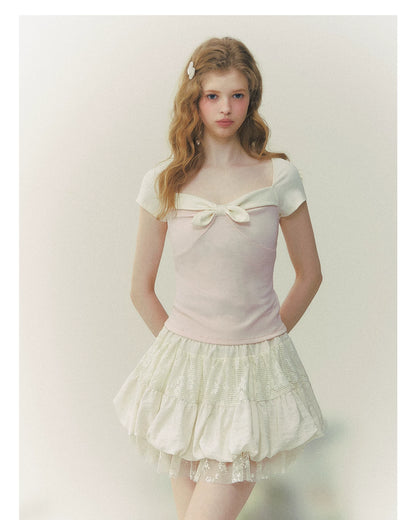 Contrast Bow Square-Neck Fitted Tee