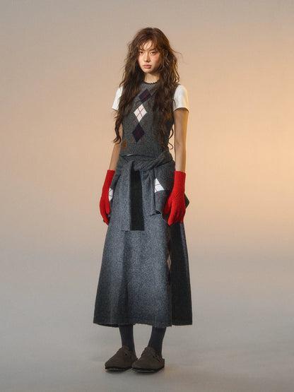 Floral Diamond Knit Vest / Cardigan / Skirt Set