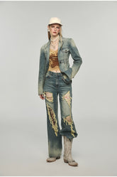 Denim Distressed Wide-Leg Pants - CHINASQUAD