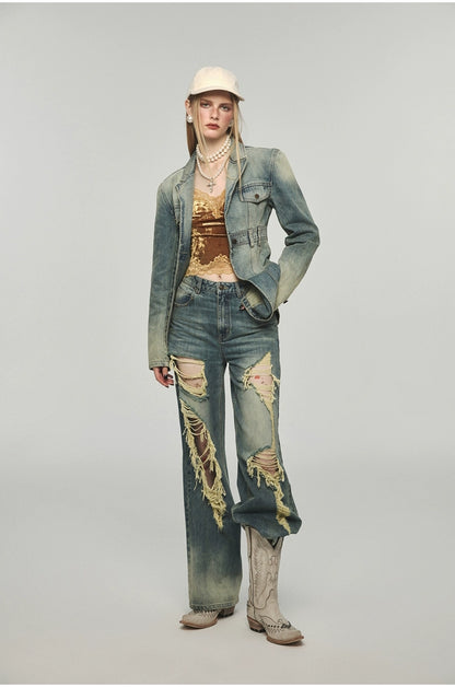 Denim Distressed Wide-Leg Pants - CHINASQUAD