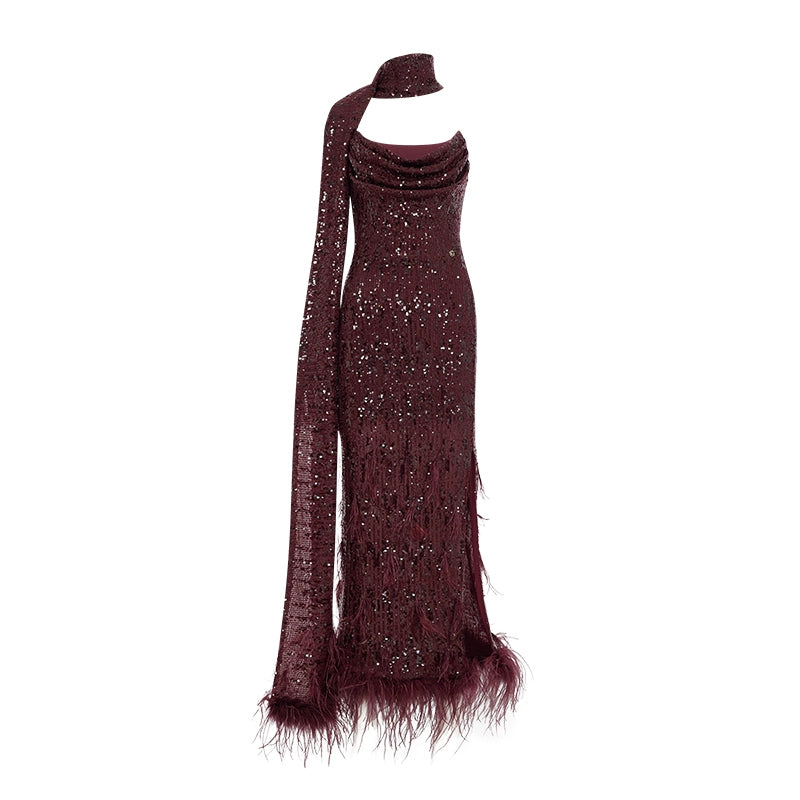 Diamond Sequin Feather Drape Tie Strapless Midi Dresse
