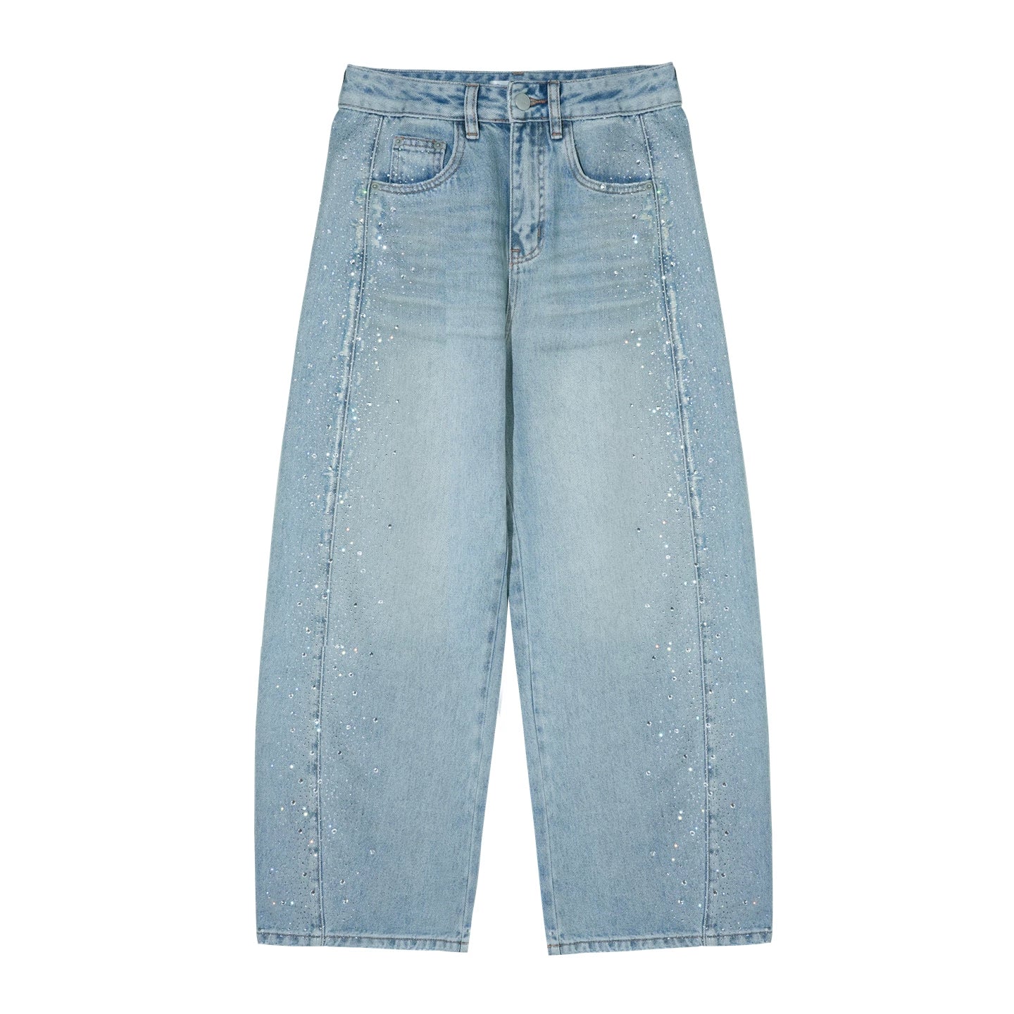 Lyocell Washed Rhinestone Curved-Leg Wide Denim Pants