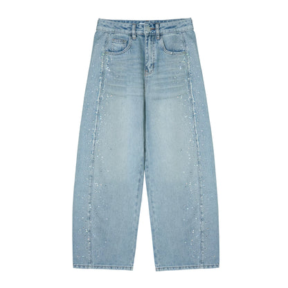 Lyocell Washed Rhinestone Curved-Leg Wide Denim Pants