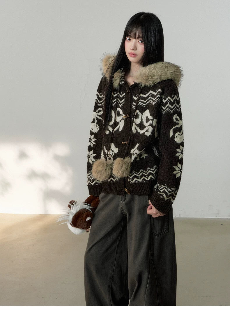 Fair Isle Fur Collar Toggle Buttons Knit Coat