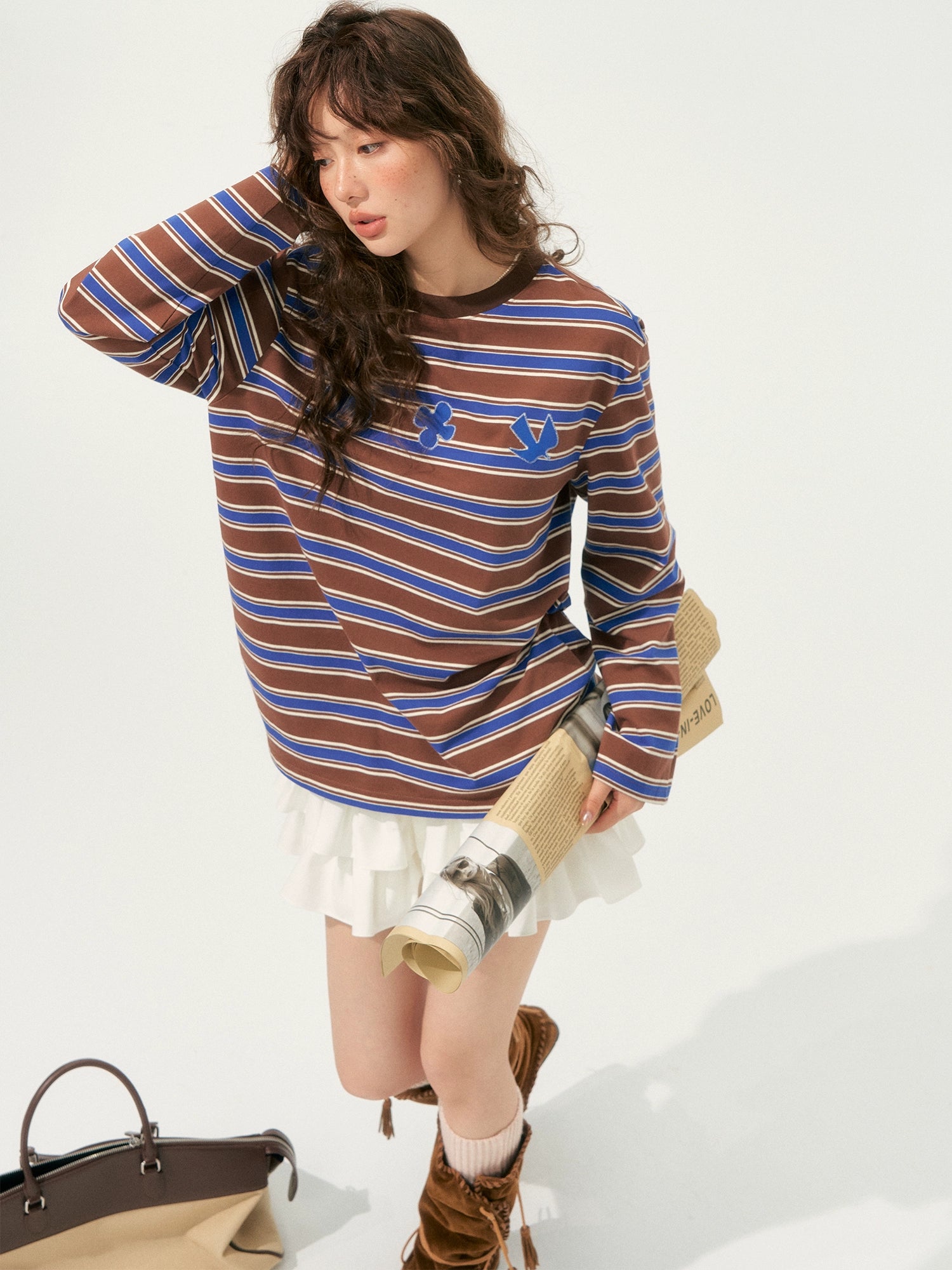 Color-Block Applique Embroidered Striped Long-Sleeve T-Shirt - CHINASQUAD