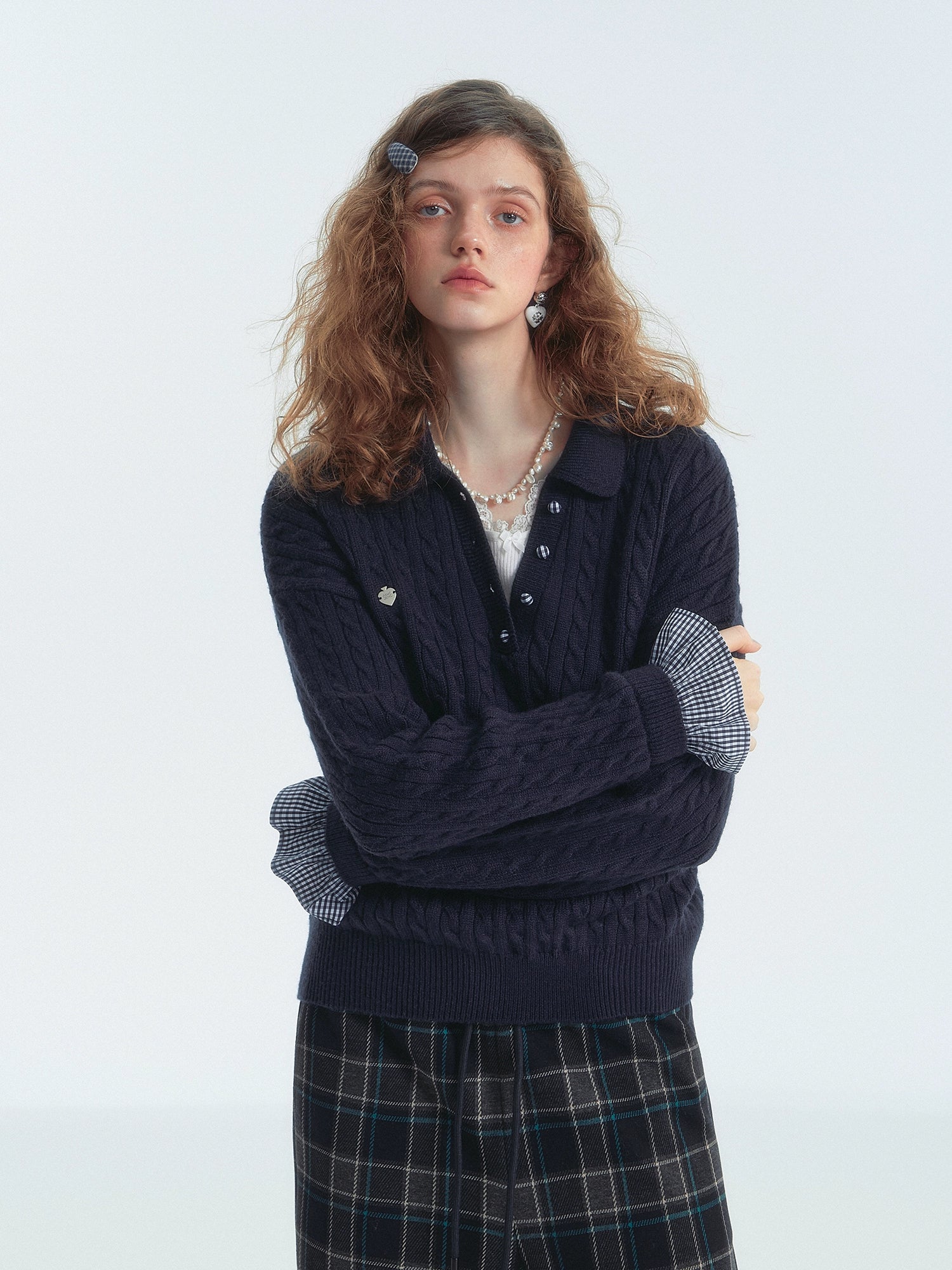 Cable Knit Polo Collar Plaid Splicing Sweater