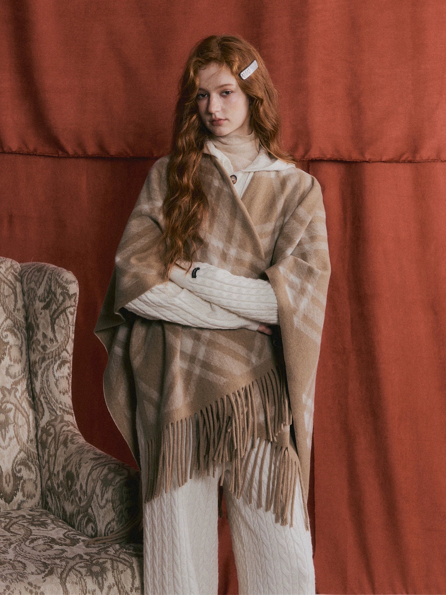 Vintage Plaid Tassel Cape Scarf