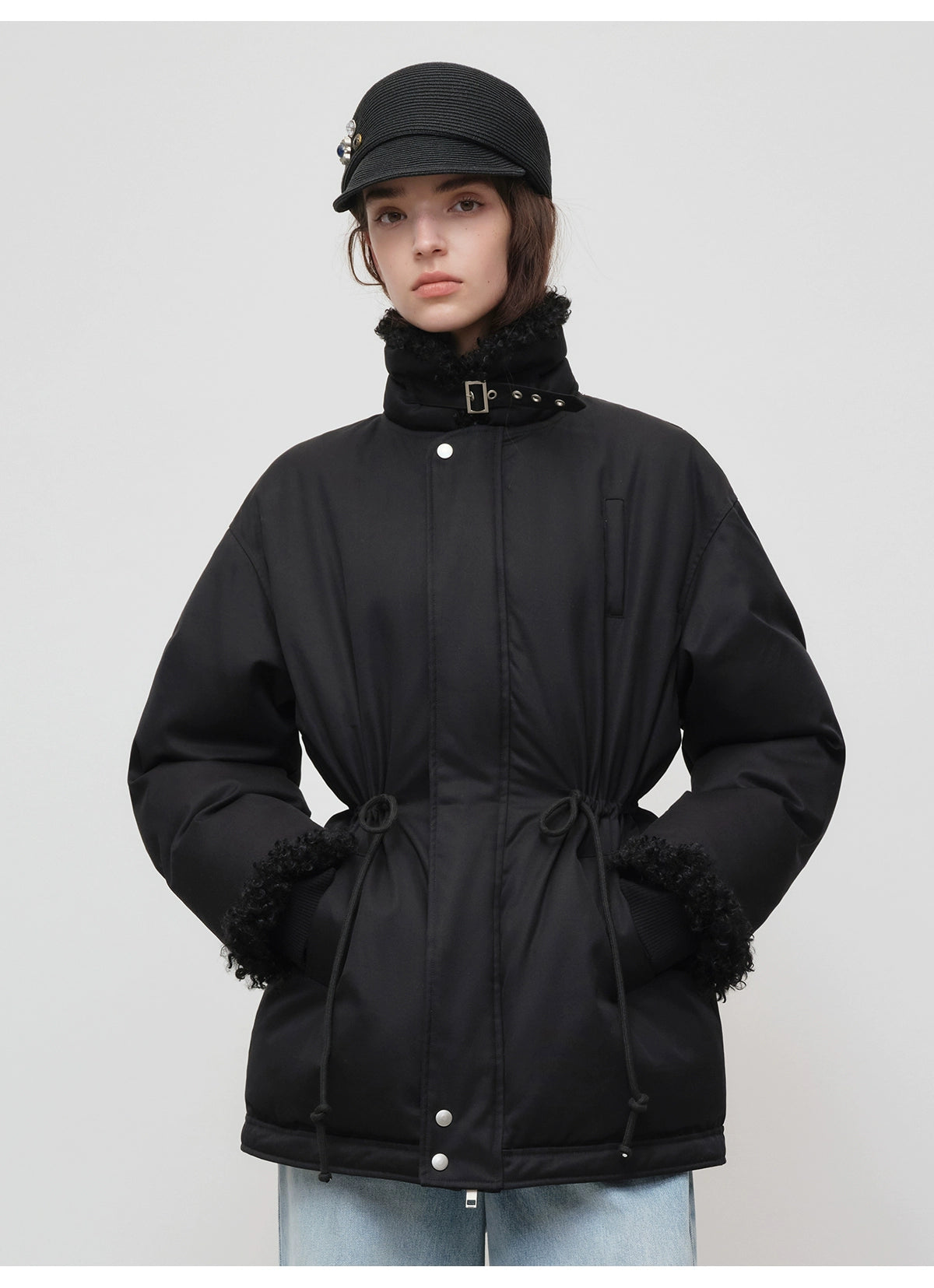 Black Longline Fleece Collar Windbreaker