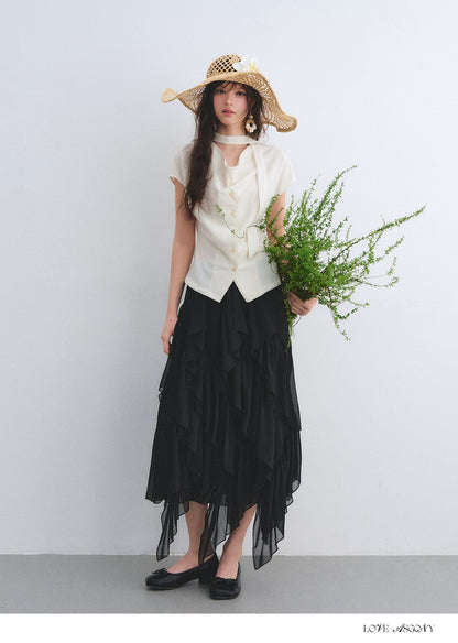 Asymmetric Ruffle Hem Chiffon Midi Skirt