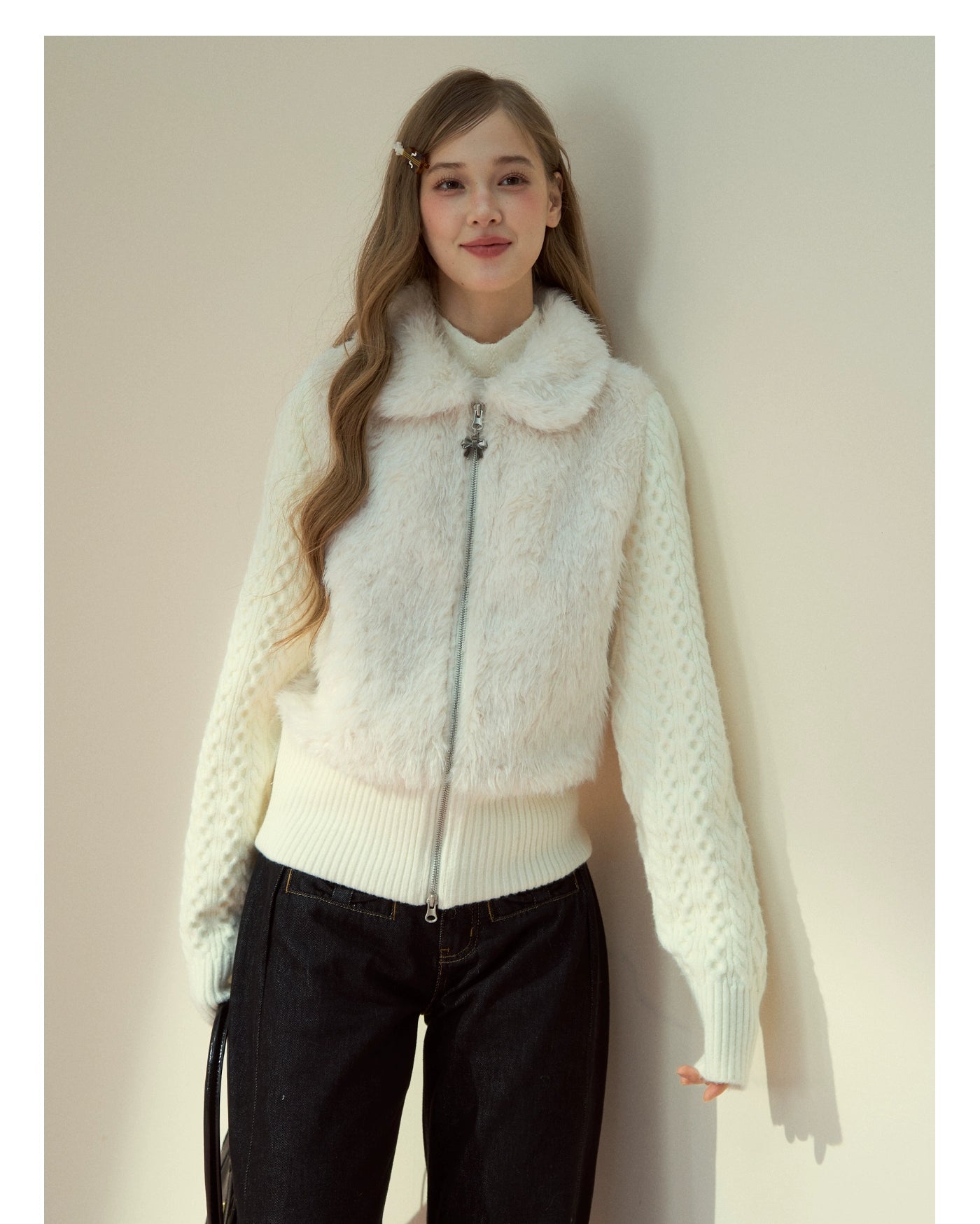 Snowland Lover Faux Fur Knit Panel Jacket