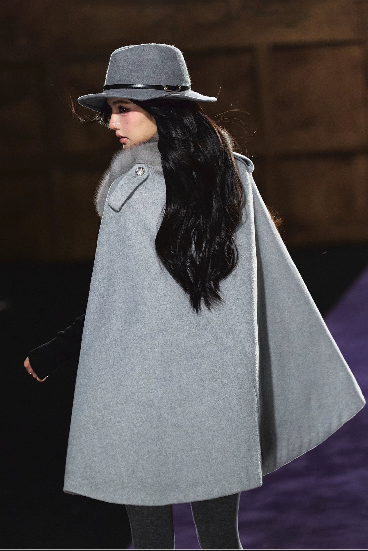 Wool-Blend Detachable Fur-Collar Cape Coat