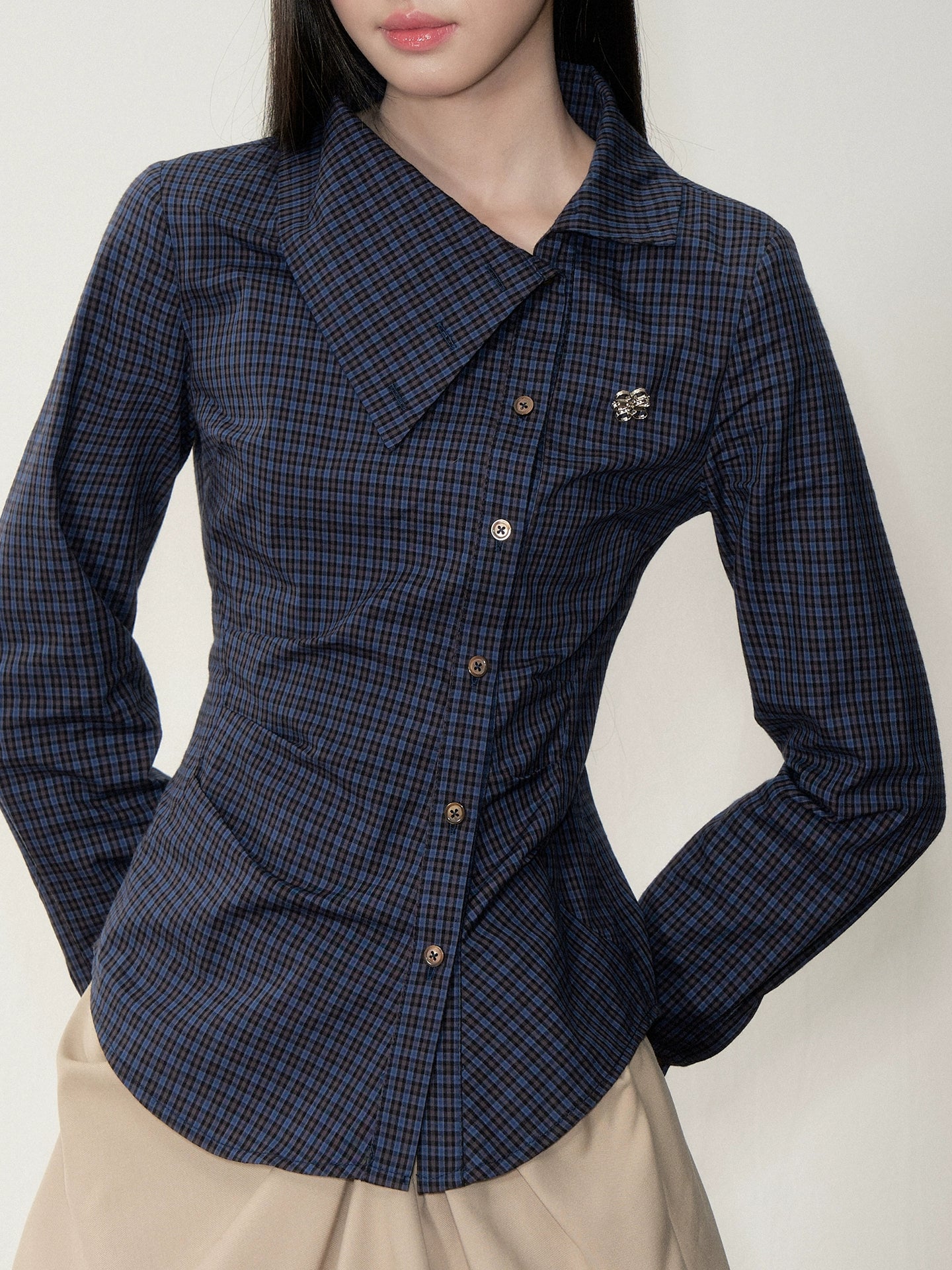 Navy Blue Asymmetric Collar Checked Shirt