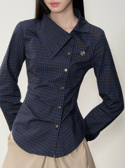 Navy Blue Asymmetric Collar Checked Shirt