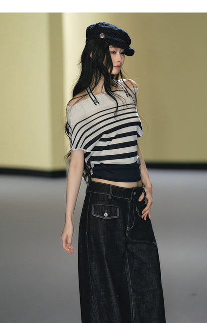 Nautical Stripe Off-Shoulder Halterneck Top