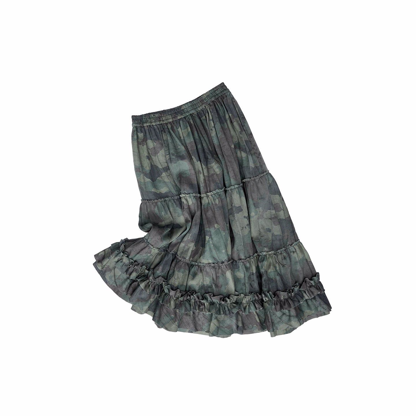 Camouflage Raw-Edge Ruched Layered Skirt