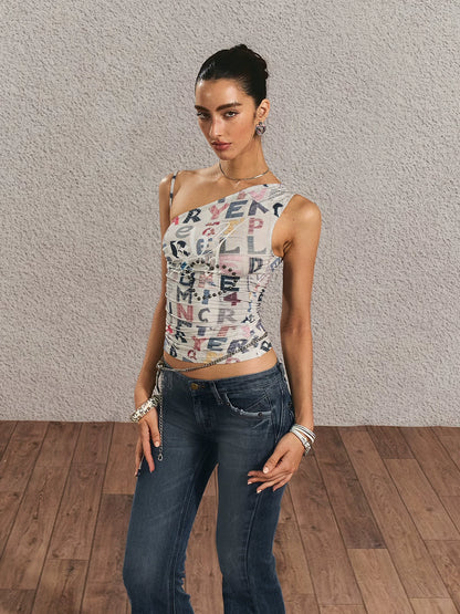 Vintage Graphic One-Shoulder Cinched Crop Tee