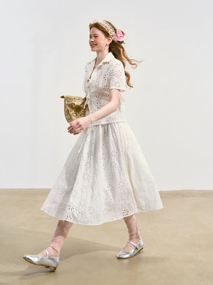 Hollow-out Flower Tie-up Short-Sleeve Top &amp; Skirt Set