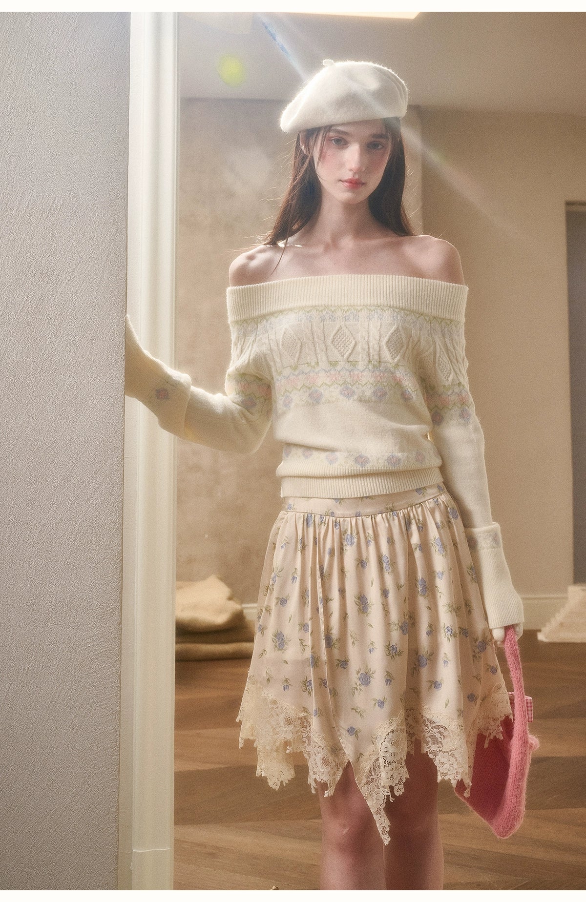 Cosagach Fair Isle Knit Crewneck &amp; Floral Skirt Set