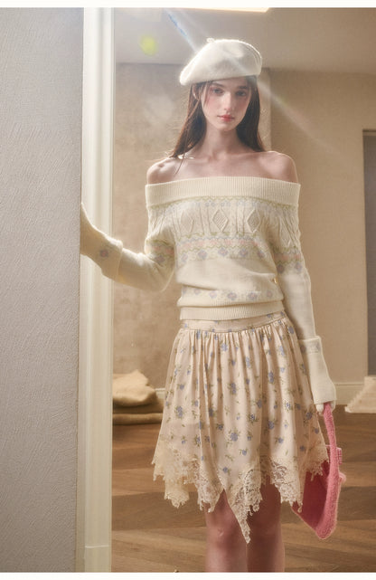 Cosagach Fair Isle Knit Crewneck &amp; Floral Skirt Set