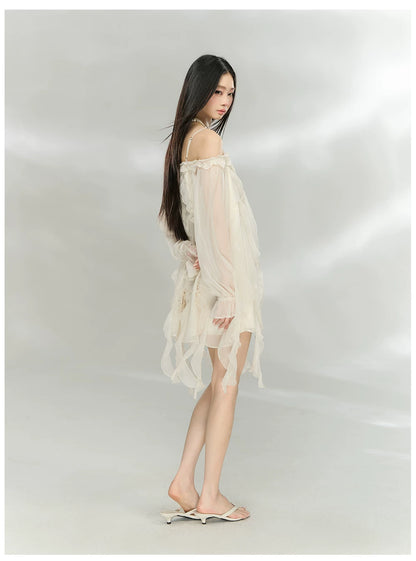 Lace-Trim Off-Shoulder Chiffon Dress