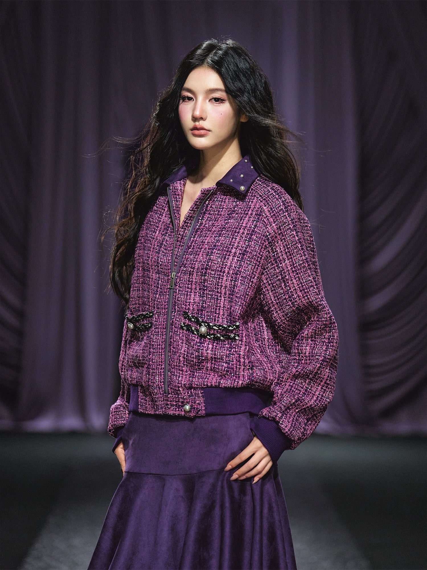Suede Patchwork Tweed Jacket &amp; Asymmetric A-Line Skirt Set