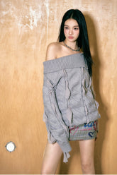 Grey Chiffon Ribbon Knitted Sweater - CHINASQUAD