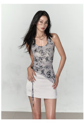 Purple & Grey Butterfly Print Irregular Strappy Vest - CHINASQUAD