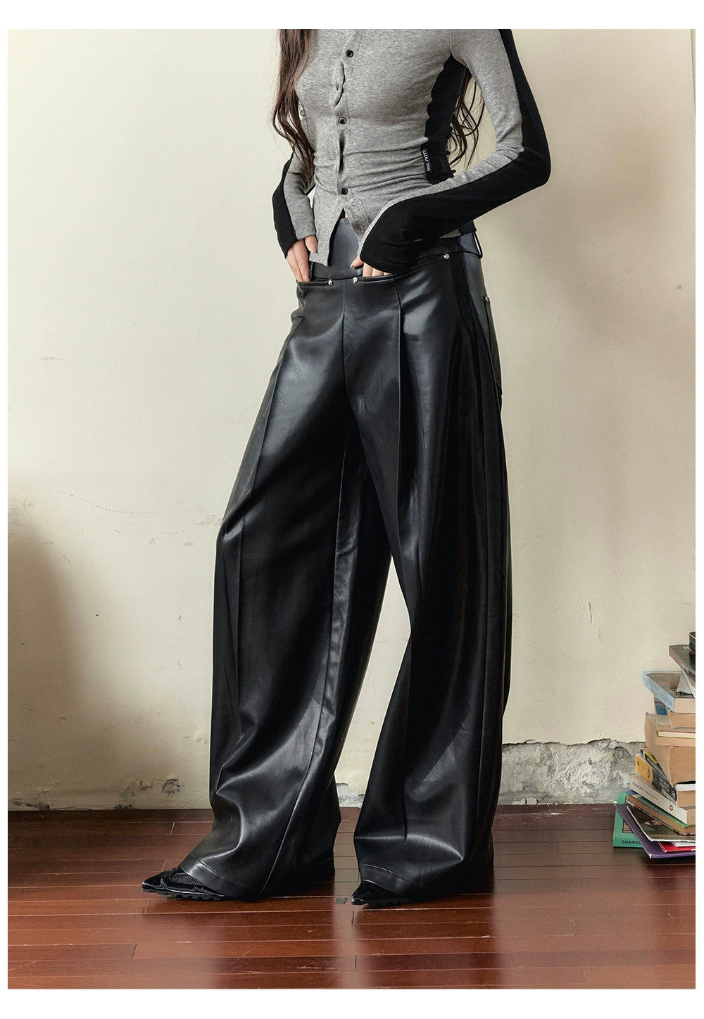 Black Loose-fitting Studded PU Leather Pants