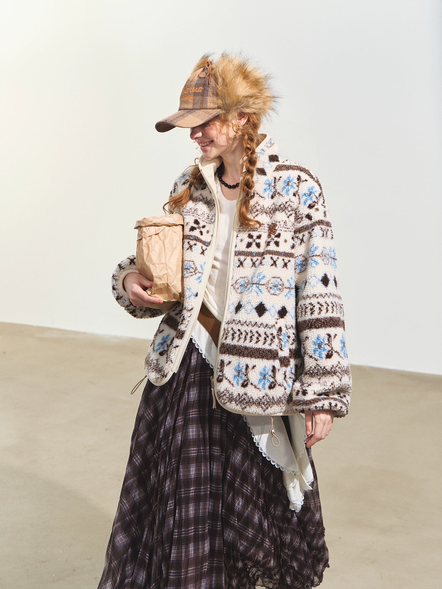 Jacquard Fleece High-Neck Oversized Jacket