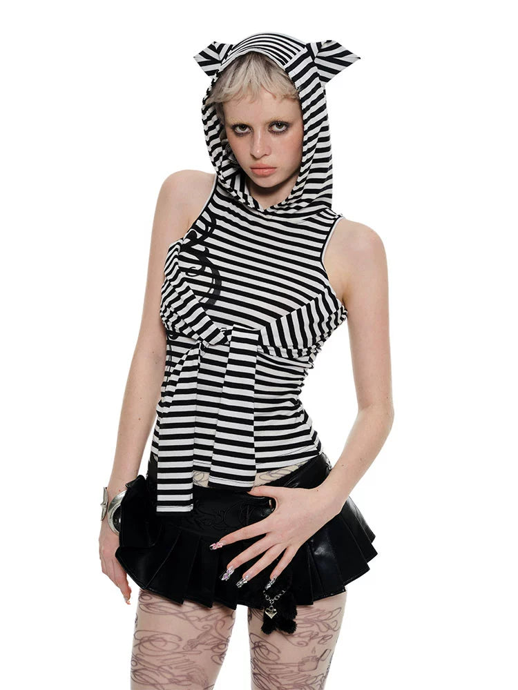 Striped Cat Ear Hooded Top