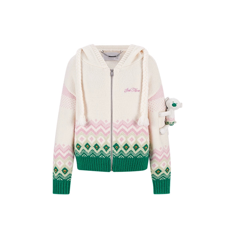 Contrast Zip-Up Hooded Knit Cardigan