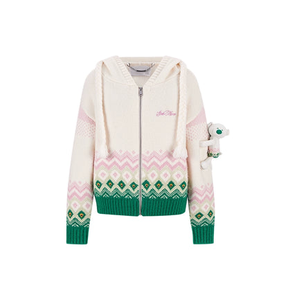 Contrast Zip-Up Hooded Knit Cardigan