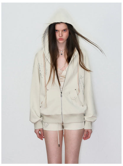 Rhinestone-Embellished Hooded Sweatshirt Jacket